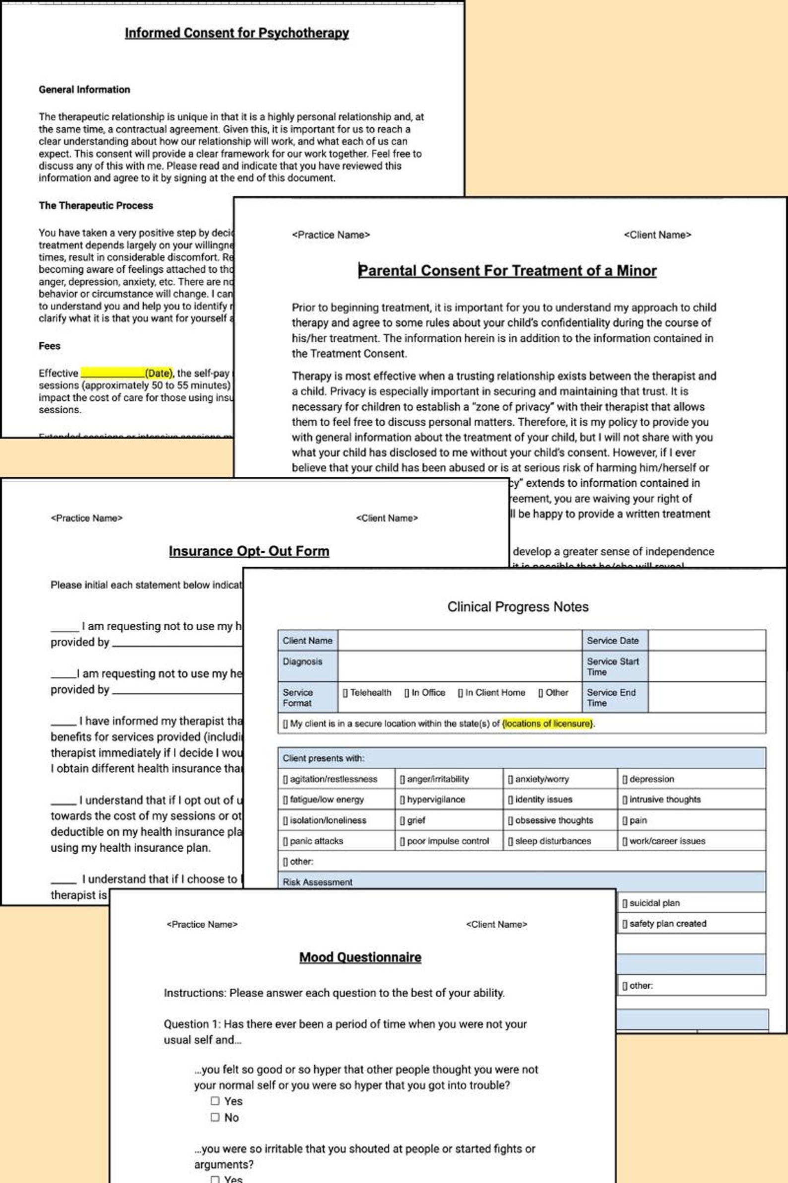 Therapy Private Practice Documents Including Intake, Assessment ...