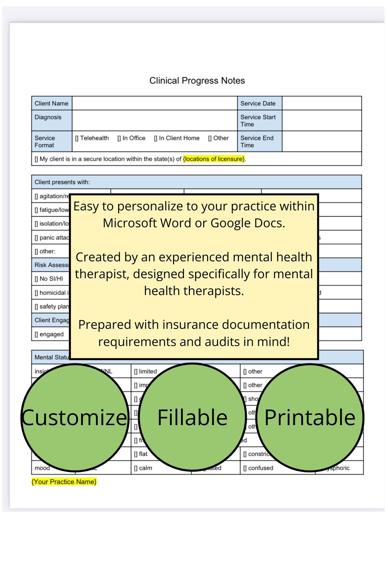 Clinical Therapy Progress Note Template - Etsy