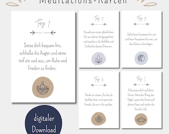 May include: A set of five white meditation cards titled Meditations-Karten, featuring numbered daily prompts from Tag 1 to Tag 5. Each card includes German text instructions, small decorative line art icons, and circular colored accents in tan or blue.