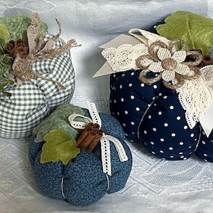 Navy and Cream Fabric Pumpkins with Burlap and Crochet Lace Accents - Set of 3
