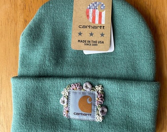 Hand embroidered Carhartt beanie hat, jade green winter accessory, adult size, floral design, gift for her or those who love the outdoors