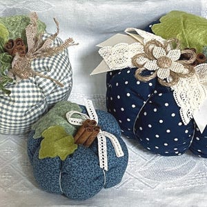 Navy and Cream Fabric Pumpkins with Burlap and Crochet Lace Accents - Set of 3