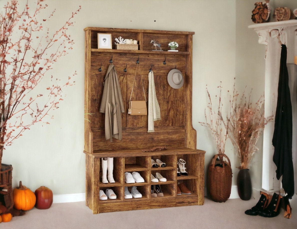 Hall Tree Entryway Bench With Coat Rack and 10 Adjustable Etsy