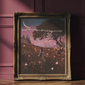 Póster con mensaje de afirmación "Confía en la magia de los nuevos comienzos" / Arte mural de estilo gótico oscuro y rústico (descarga digital)