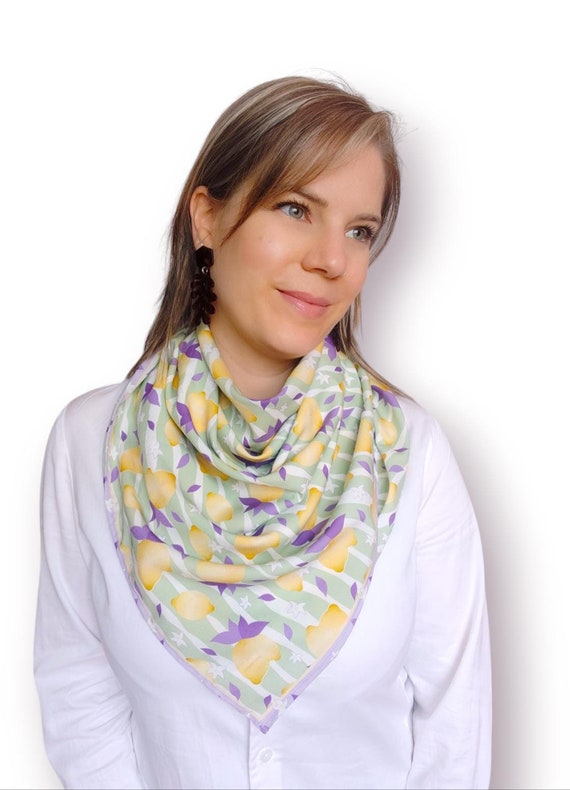 Lemon Print Square Scarf: Handcrafted Silk Feel Neckerchief  display picture 1