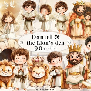 May include: Watercolor illustration featuring characters from the story of Daniel and the Lion's Den. The image includes angels, lions, and kings, with the text "Daniel & the Lion's den 90 png files". The artwork has a soft, colorful style.