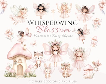 Whisperwing Blossom Fairy Clipart, Watercolor Pink Fairies PNG Bundle, Fantasy Mushroom House, Woodland Animals, Nursery Clipart