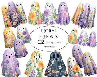 Pode incluir: Ilustrações em aquarela de fantasmas florais em várias cores. Os fantasmas são adornados com flores em tons de amarelo, laranja, roxo e rosa. O texto "FLORAL GHOSTS 22 PNG 300 DPI Commercial use" também está incluído.