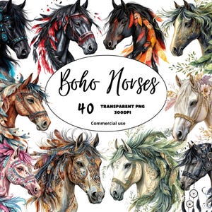 Aquarelle Boho Horse Clipart Bundle, Horse Head PNG Bundle, Colorful Horses PNGs, Junk Journal clipart, Utilisation commerciale, Téléchargement numérique