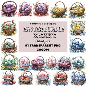 Aquarelle Mega Bundle Paniers de Pâques Clipart, PNG transparents, Panier de lapin de Pâques, Panier d’œufs floraux, Oeuf de Pâques