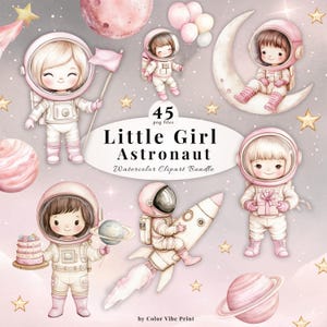 Pakiet akwarelowych clipartów z małą dziewczynką astronautką, różowa grafika kosmiczna w formacie PNG (do pobrania cyfrowego)