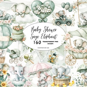 Sage Green Elephant Baby Shower Clipart PNG, Watercolor Cute Baby Boy Nursery Decor, Nursery Art, Nursery Elephant, Comercial Use