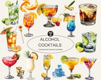 Watercolor Cocktail Clipart Bundle PNG, Beverage, Alcohol, Wedding Drinks, Bar Menu, Signature Cocktail, Aperol Spritz, Mojito, Martini