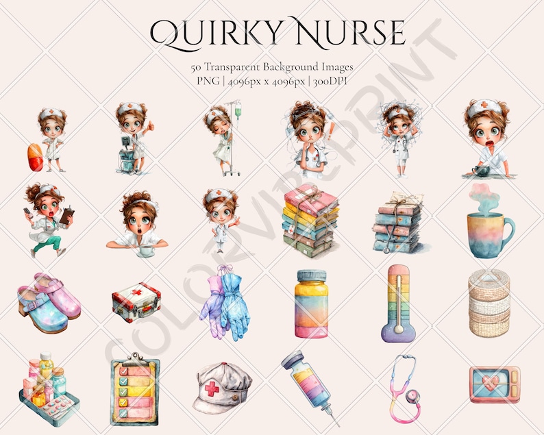 May include: Watercolor illustrations of a "Quirky Nurse" theme. The image features a collection of medical-related items, including a thermometer, stethoscope, medicine bottles, and a nurse's cap. The text "Quirky Nurse" is at the top.