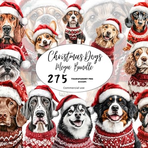 Puede incluir: Una descarga digital de 275 ilustraciones de perros navideños. Los perros llevan gorros de Papá Noel y suéteres. Las ilustraciones están en formato PNG y tienen una resolución de 300 DPI. Son para uso comercial.