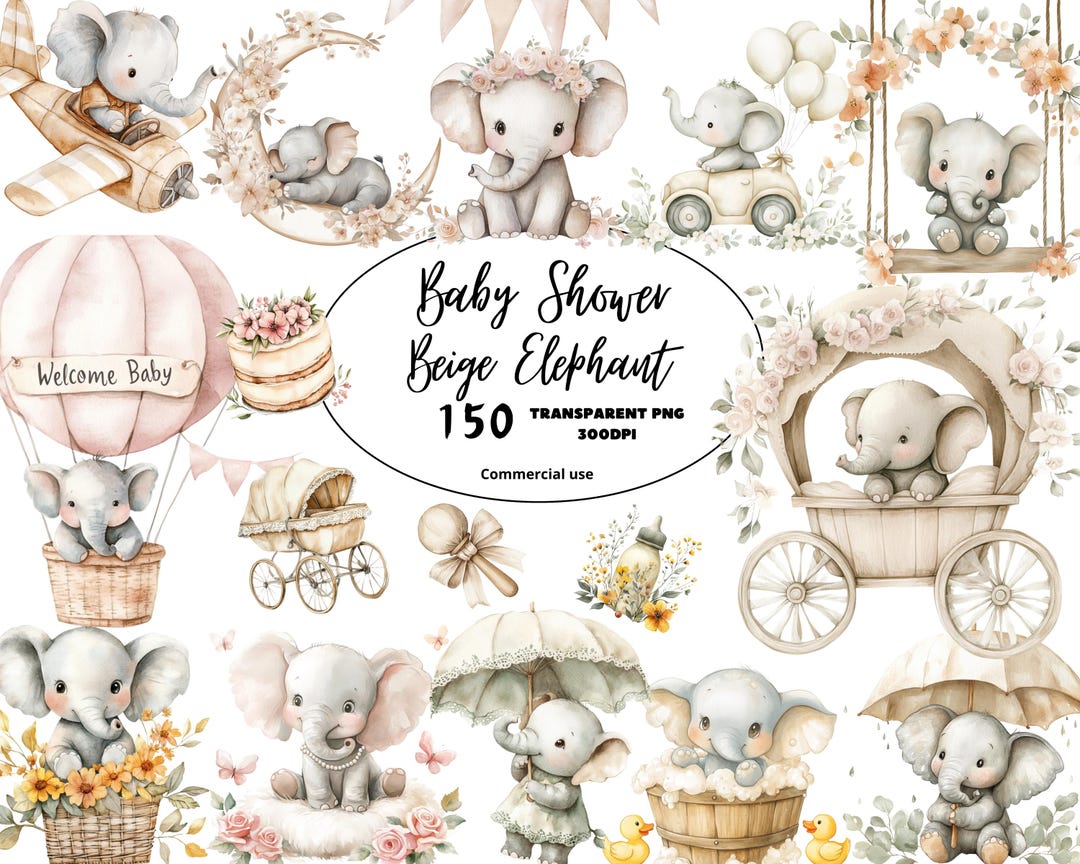 Neutral Elephant Baby Shower Clipart PNG, Beige Watercolor Cute Baby ...