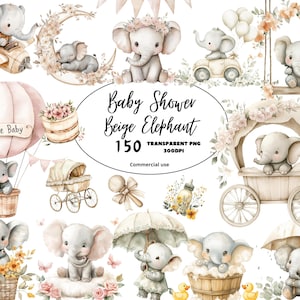 Neutral Elephant Baby Shower Clipart PNG, Beige Watercolor Cute Baby Boy girl Nursery Decor, Nursery Art, Nursery Elephant, Comercial Use