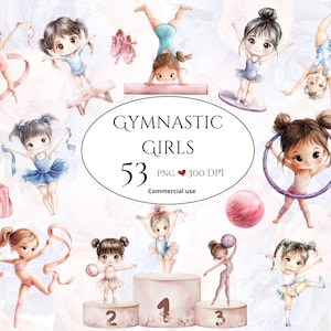 Watercolor Gymnastics Clipart, Acrobatics Graphics, Gymnastic Girls Clipart, Rhythmic Gymnastics, Gymnast, Ribbon, Balance Beam, Ball, Gym