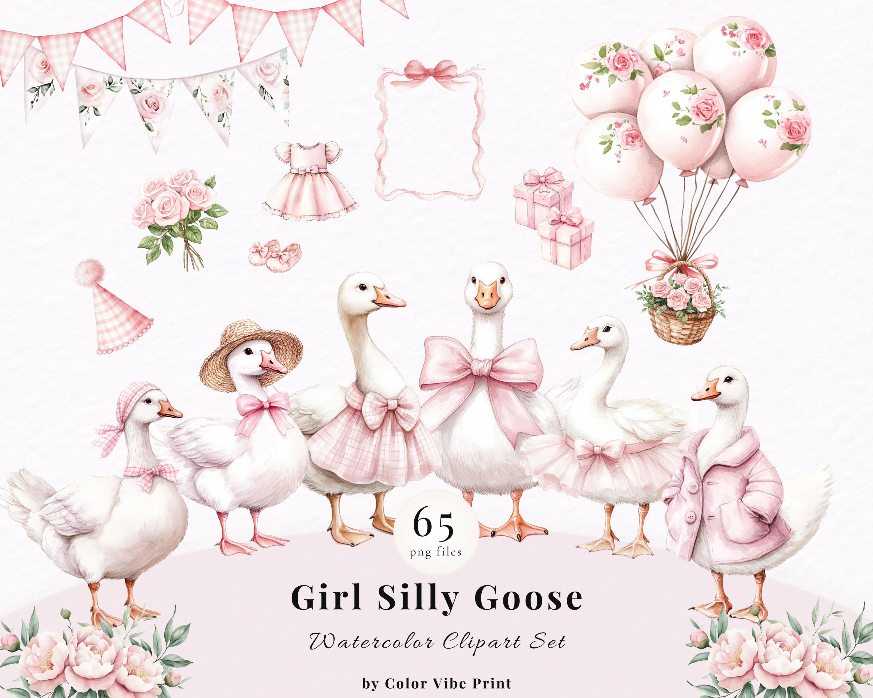 Watercolor Silly Goose Clipart, Pink Girl Baby Shower PNG, Birthday ...