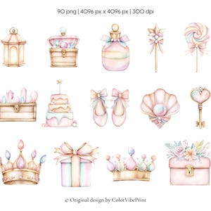 Puede incluir: Ilustraciones en acuarela de varios objetos de tem&aacute;tica de cuento de hadas. La imagen incluye una linterna, cofres del tesoro, un frasco de perfume, una varita m&aacute;gica, una piruleta, un pastel, zapatillas de ballet, una concha, una llave, una corona, una caja de regalo y un cofre con flores. Colores pastel.