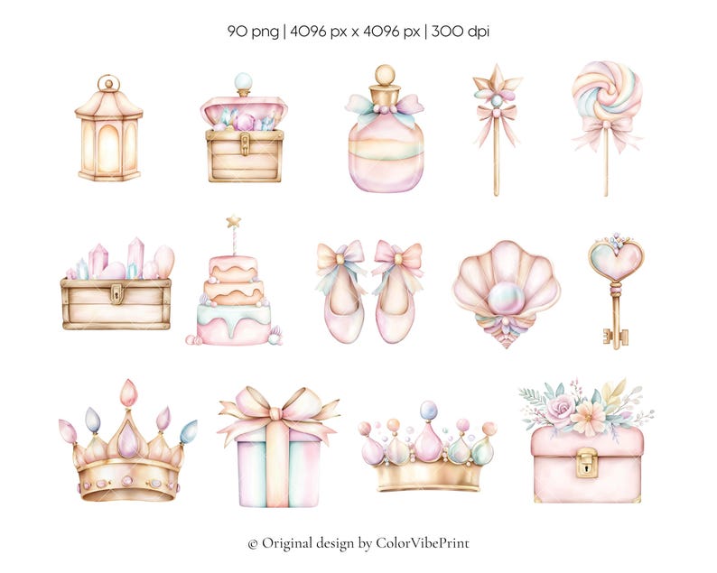 Puede incluir: Ilustraciones en acuarela de varios objetos de tem&aacute;tica de cuento de hadas. La imagen incluye una linterna, cofres del tesoro, un frasco de perfume, una varita m&aacute;gica, una piruleta, un pastel, zapatillas de ballet, una concha, una llave, una corona, una caja de regalo y un cofre con flores. Colores pastel.