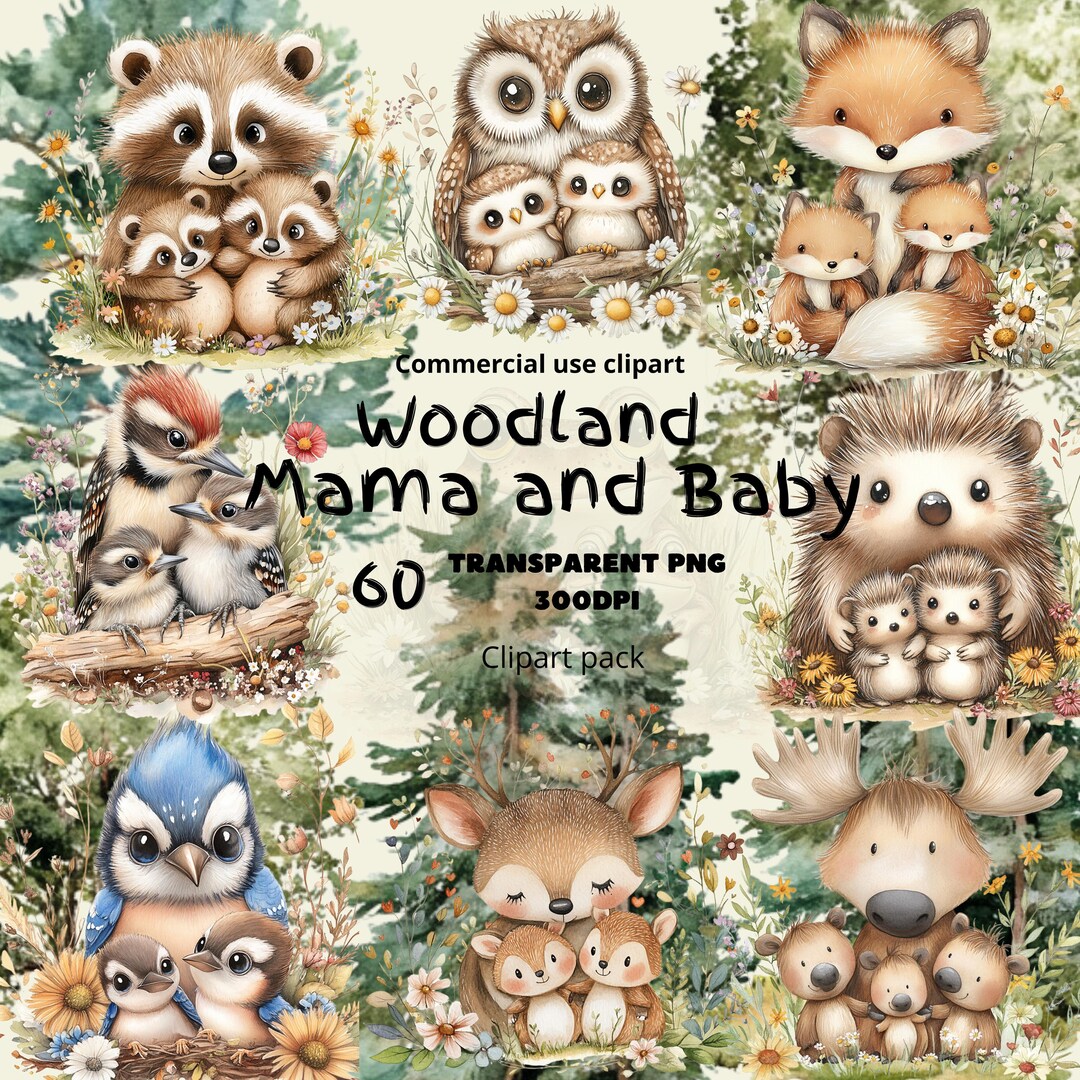 Watercolor Woodland Animals Clipart, Mama and Baby (60 PNG Files) - Etsy