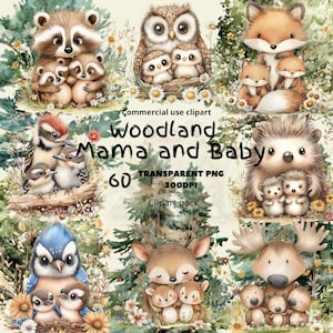 Aquarelle Woodland Animals Clipart Bundle, Maman et bébé, Maman et moi, Hérisson, Loup, Renard, Maman Ours, Cerf, Utilisation commerciale