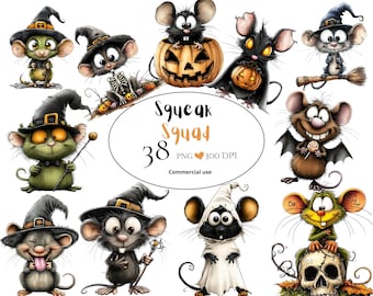 May include: A collection of whimsical Halloween-themed mouse illustrations. The mice are depicted in various costumes, including witch hats, capes, and a ghost outfit. Some mice are holding pumpkins, brooms, and candy. The image includes the text "Squeak Squad".