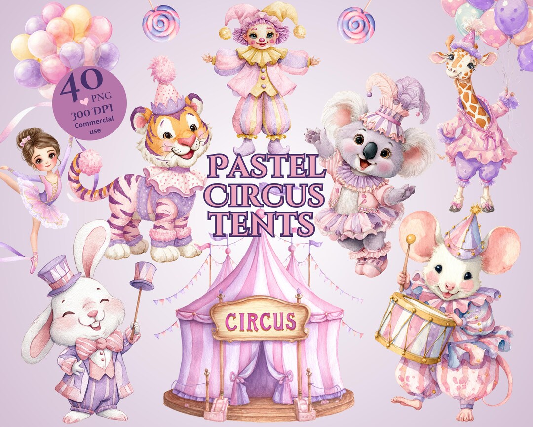 Pastel Circus Tent Clipart With Circus Animals, Whimsical Carnival PNG ...