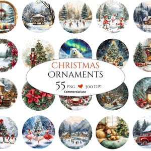 Puede incluir: Una colección de 55 adornos navideños con ilustraciones en acuarela. Los diseños incluyen escenas invernales, un muñeco de nieve, un oso polar, un cascanueces y una camioneta roja. El texto "Christmas Ornaments" se muestra en el centro.