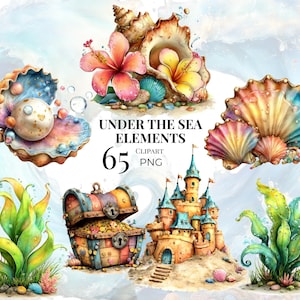 May include: Watercolor clipart set featuring various under the sea elements. Includes seashells, a treasure chest overflowing with gold, a sandcastle, and seaweed. The text reads "UNDER THE SEA ELEMENTS 65 CLIPART PNG".