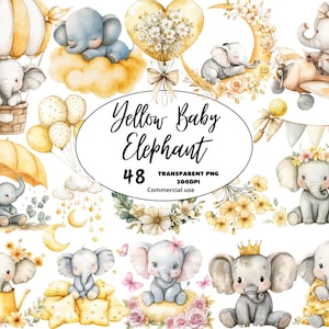 Clipart PNG per baby shower con elefante giallo, decorazione per la cameretta dei bambini con acquerello beige, arte per la cameretta dei bambini, elefante per la cameretta dei bambini, uso commerciale