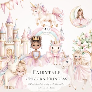 Fairytale Unicorn Princess Clipart, Watercolor Castle Rainbow Girls PNG, Fantasy Birthday Nursery Bundle