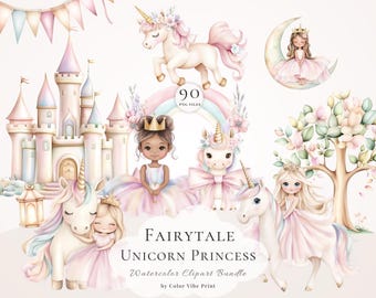 Fairytale Unicorn Princess Clipart, Watercolor Castle Rainbow Girls PNG, Fantasy Birthday Nursery Bundle
