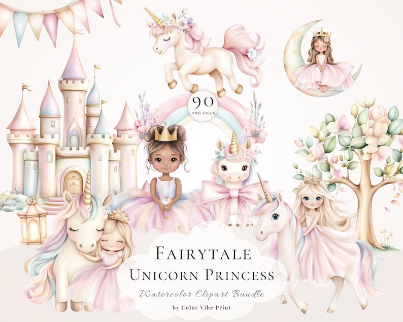 Pastel watercolor unicorn princess clipart bundle with castle, rainbow, girls, moon, florals and fantasy nursery elements isolated on white background