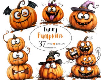Pacchetto PNG di zucche divertenti di Halloween, zucca di Halloween stravagante e stregata in formato PNG, uso commerciale, download digitale