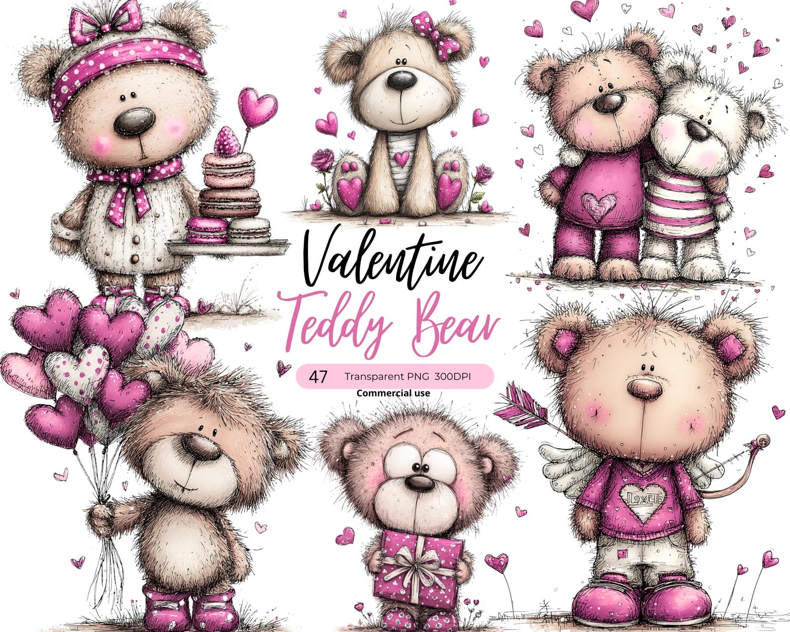 Watercolor Valentines Teddy Bear Clipart Bundle, Quirky PNG (digital ...