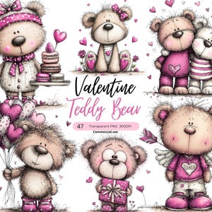 Puede incluir: Una colección de ilustraciones de osos de peluche con temática de San Valentín. Los osos están en varias poses, algunos sosteniendo globos en forma de corazón o regalos. La paleta de colores incluye tonos de rosa, blanco y marrón. El texto en la imagen dice "Valentine Teddy Bear".