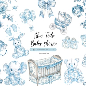 Clipart de toile para baby shower, clipart de toile azul, chinoiserie png, toil de Jouy francés, toile floral, clipart de diario basura