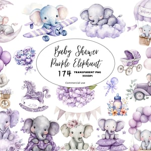 Clipart PNG per baby shower con elefante viola, decorazione per la cameretta dei bambini con acquerello viola, arte per la cameretta dei bambini, elefante per la cameretta dei bambini, uso commerciale