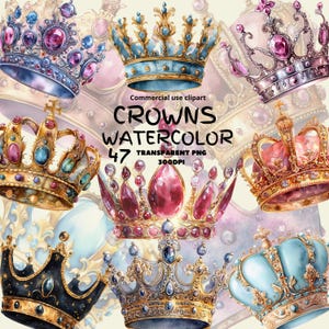 Couronnes aquarelle Clip Art, diadèmes de princesse, roi, reine, prince, utilisation commerciale, PNG transparents, Royal Crown Clipart, or, coloré