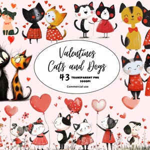 Paquete de perros y gatos encantadores del Día de San Valentín, imágenes prediseñadas encantadoras, pareja de animales PNG, PNG del Día de la Madre, imágenes prediseñadas encantadoras, descarga digital de acuarela