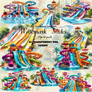 Waterpark Slides Clipart Pack 32 PNG, Fiesta en el parque acuático, Fiesta en la piscina Tobogán acuático Invitación Diseño Camiseta Uso comercial PNG