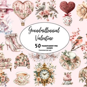Grandmillennial Valentine Clipart, Pink Aquarelle Toile De Jouy Clip Art, vintage Floral Chinoiserie Commercial Use PNG, TÉLÉCHARGEMENT NUMÉRIQUE