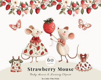 Strawberry Mouse Clipart Bundle, Baby Shower Graphics, Watercolor Birthday PNG (Digital Download)