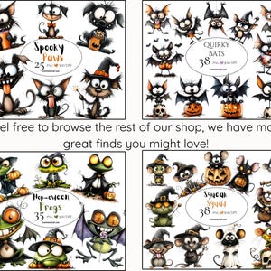 Pu&ograve; includere: Una collezione digitale di illustrazioni a tema Halloween con Spooky Paws, Quirky Bats, Hop-oween Frogs e Squeak Squad. Le grafiche includono animali dei cartoni animati come gatti, cani, pipistrelli, rane e topi che indossano costumi e zucche.