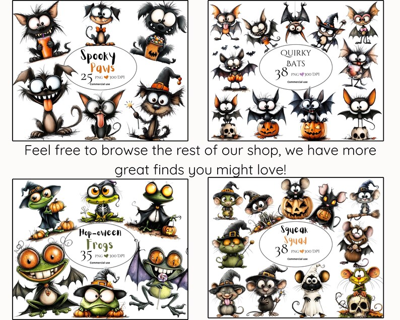 Pu&ograve; includere: Una collezione digitale di illustrazioni a tema Halloween con Spooky Paws, Quirky Bats, Hop-oween Frogs e Squeak Squad. Le grafiche includono animali dei cartoni animati come gatti, cani, pipistrelli, rane e topi che indossano costumi e zucche.