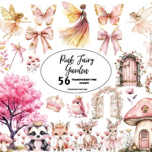 Różowy leśny ogród wróżek Clipart, słodkie akwarelowe pastelowe wróżki, pierwsze urodziny Clip Art, zaczarowany las, baby shower CYFROWE POBIERANIE