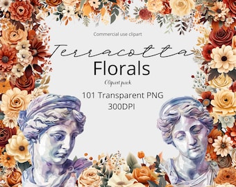 Pack de clipart floral terre cuite, clipart automne pour un usage commercial, floral neutre orange et marron, PNG transparents, botanique de mariage