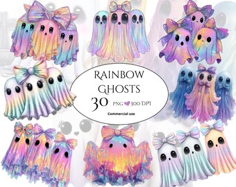 Rainbow Ghost Clipart Bundle, Iridescent Coquette Halloween PNG, Pastel Goth Graphics, Boo Clipart, Commercial use ( 30 PNG )